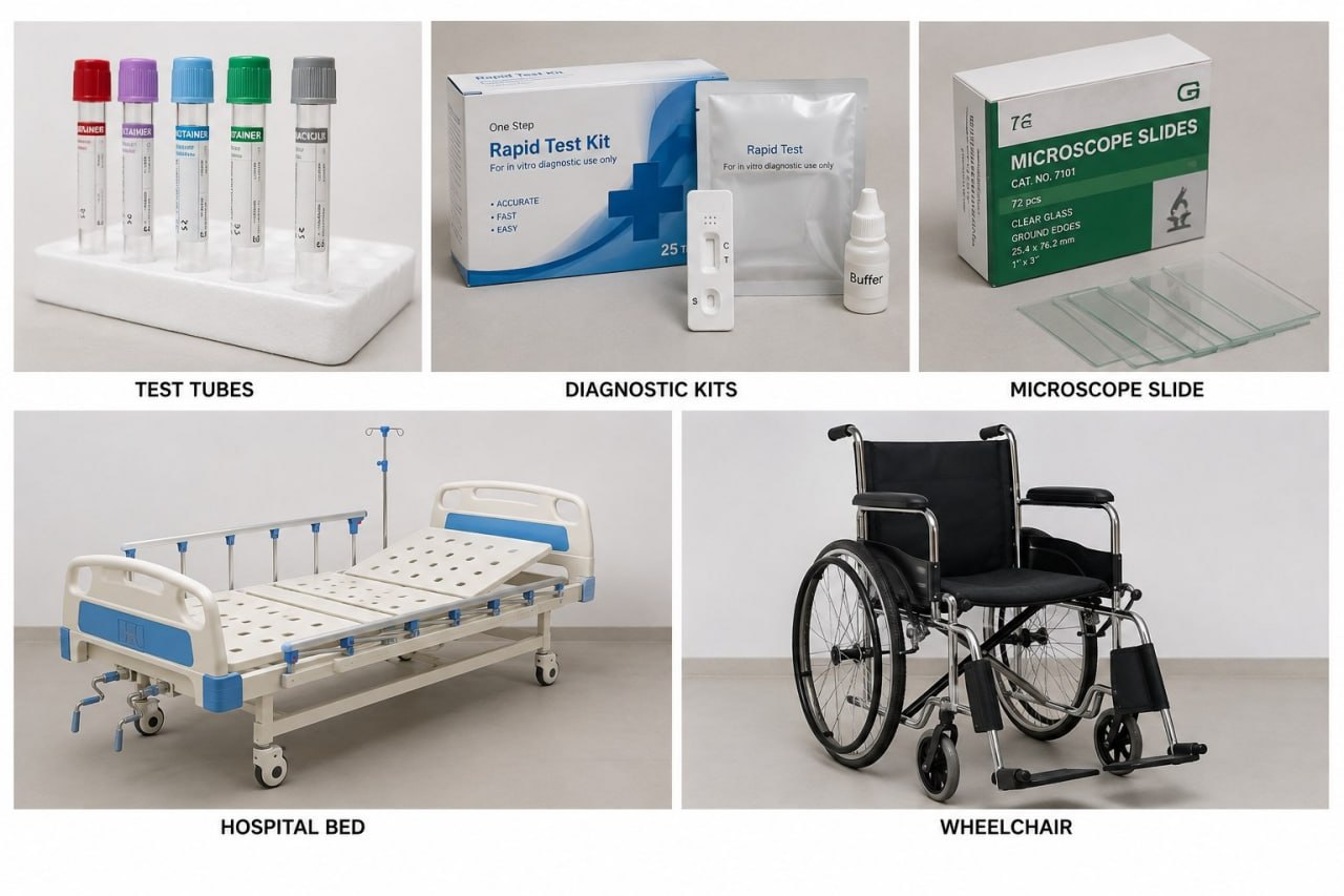 Rapid test kits, test tubes, microscope slides, hospital bed, wheelchair